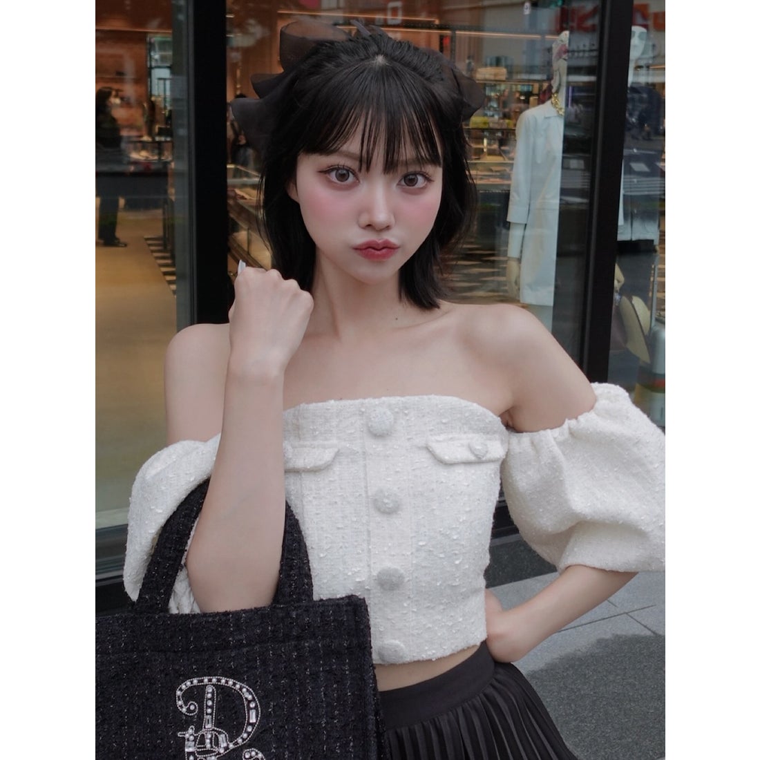 ダーリッチ Darich ホルターネックオフショルツイードトップス