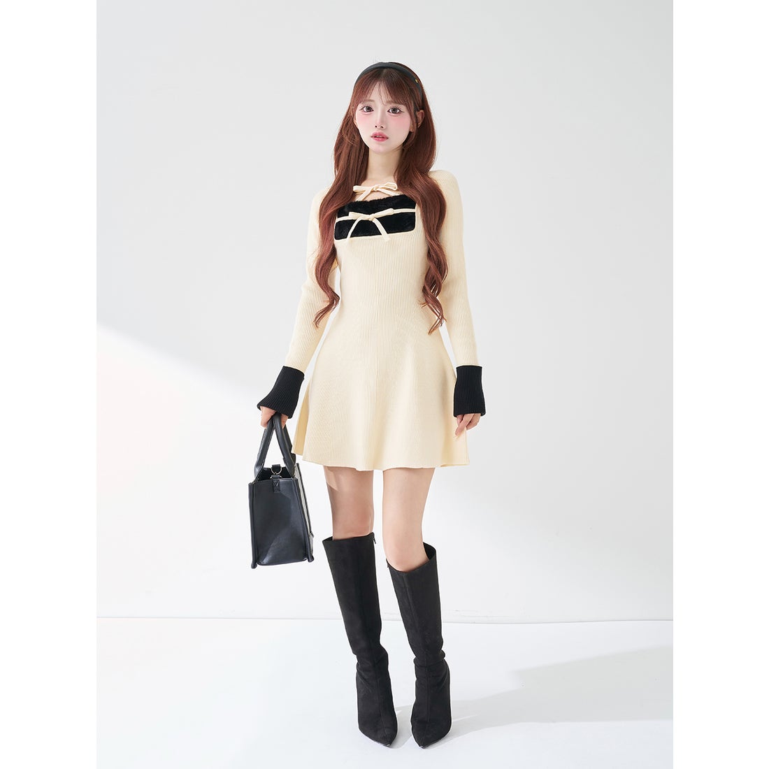 ダーリッチ Darich リボンファーフレアニットミニワンピース