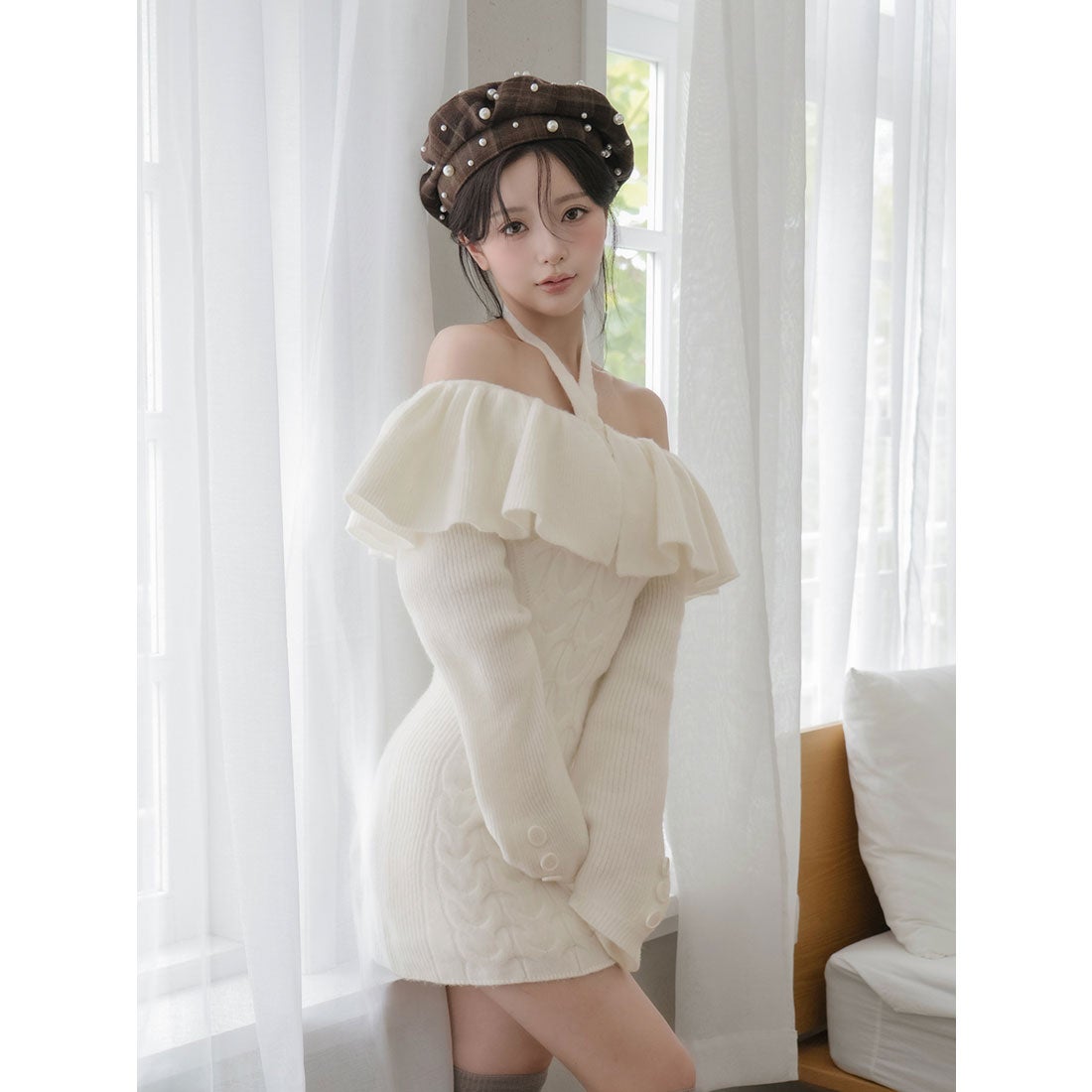 ダーリッチ Darich ホルターデザインオフショルニットミニワンピース