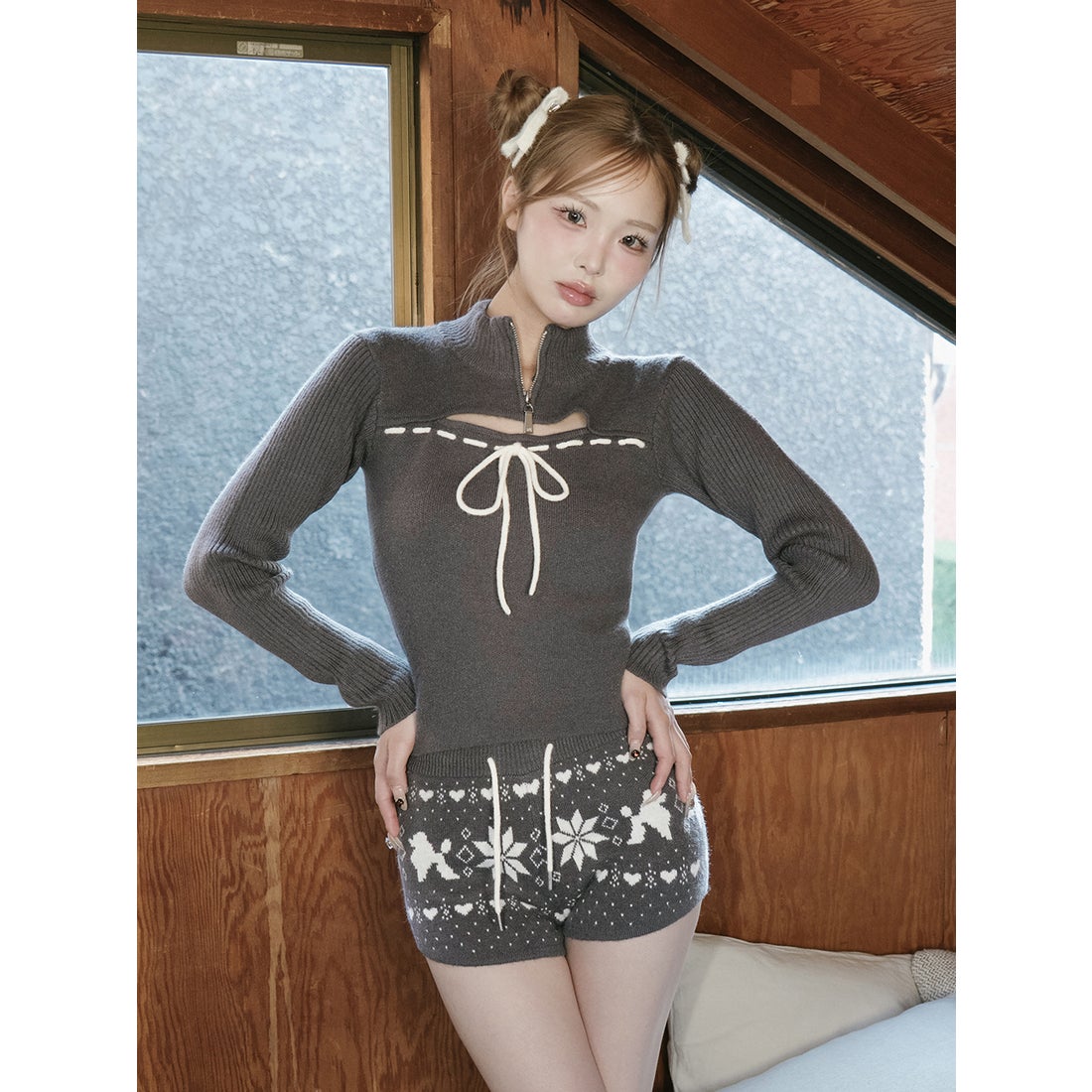 ダーリッチ Darich ステッチリボンオープンニットトップス （グレー