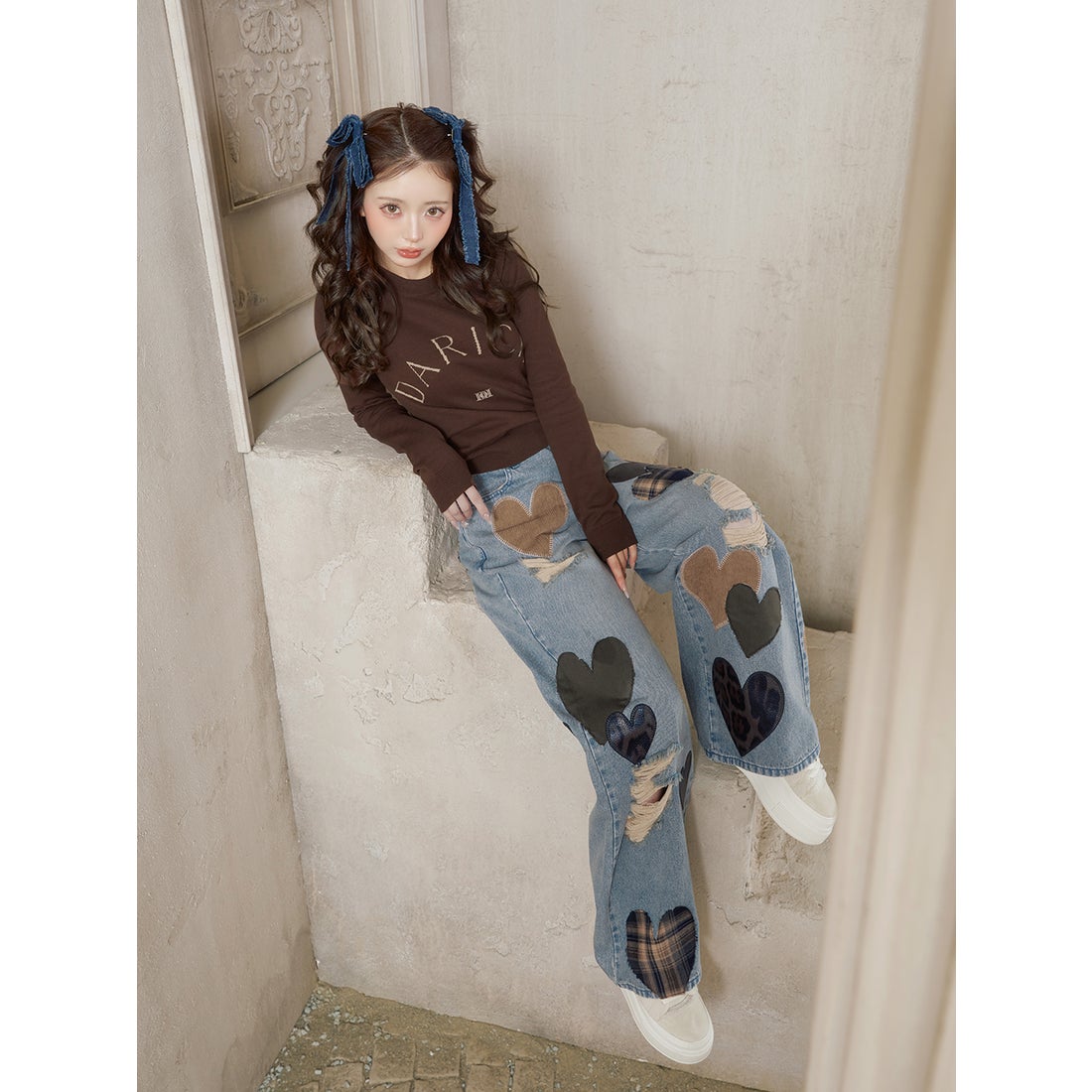 ダーリッチ Darich ランダムハートパッチワークデニムパンツ （ブルー