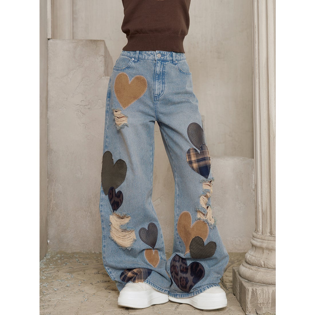 ダーリッチ Darich ランダムハートパッチワークデニムパンツ （ブルー