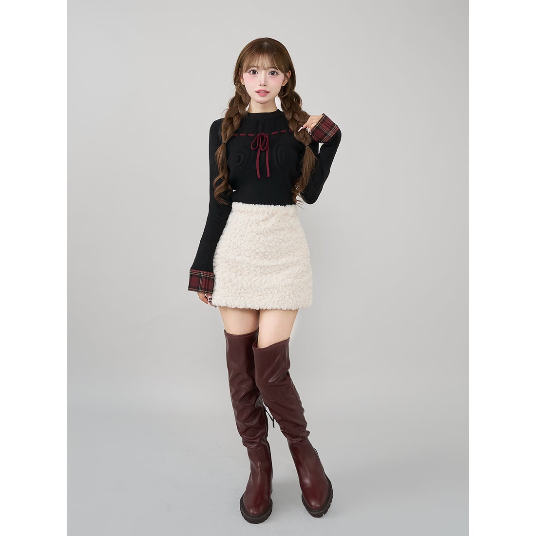 ダーリッチ Darich チェックカフスリボンニットトップス （グレー