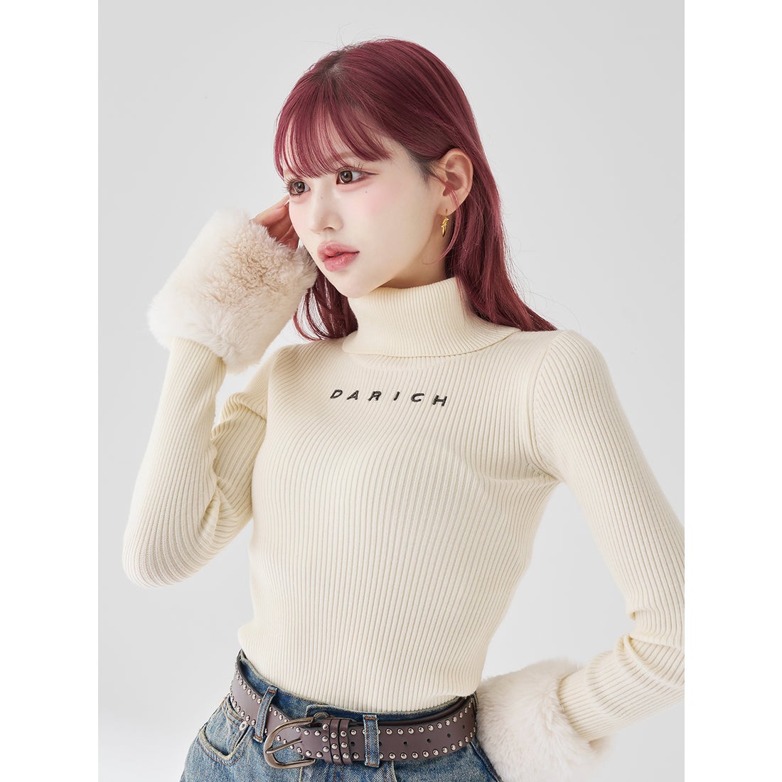 ダーリッチ Darich スムースファーリブニットトップス （アイボリー