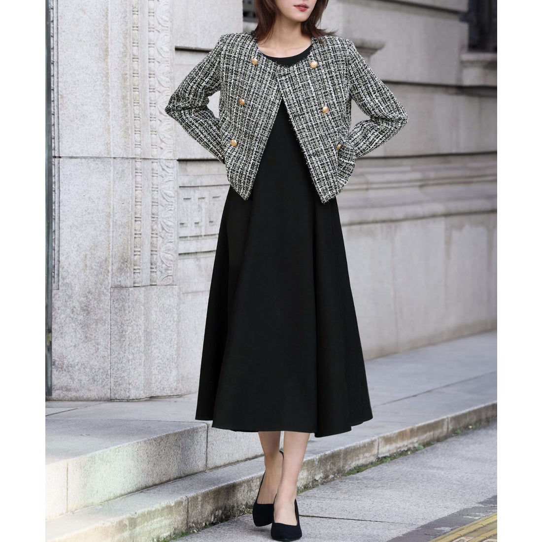 フロリア Flolia ツイードノーカラーダブルジャケット フレア