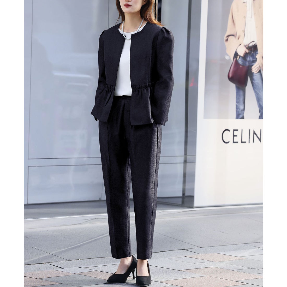 フロリア Flolia ツイードペプラムノーカラージャケット テーパード