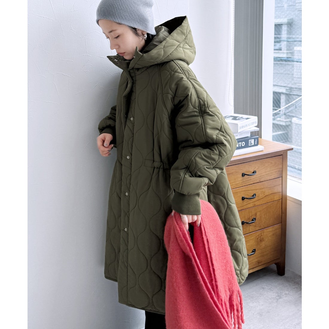 レカ reca キルティングドロストフードコート(y8127) （カーキ