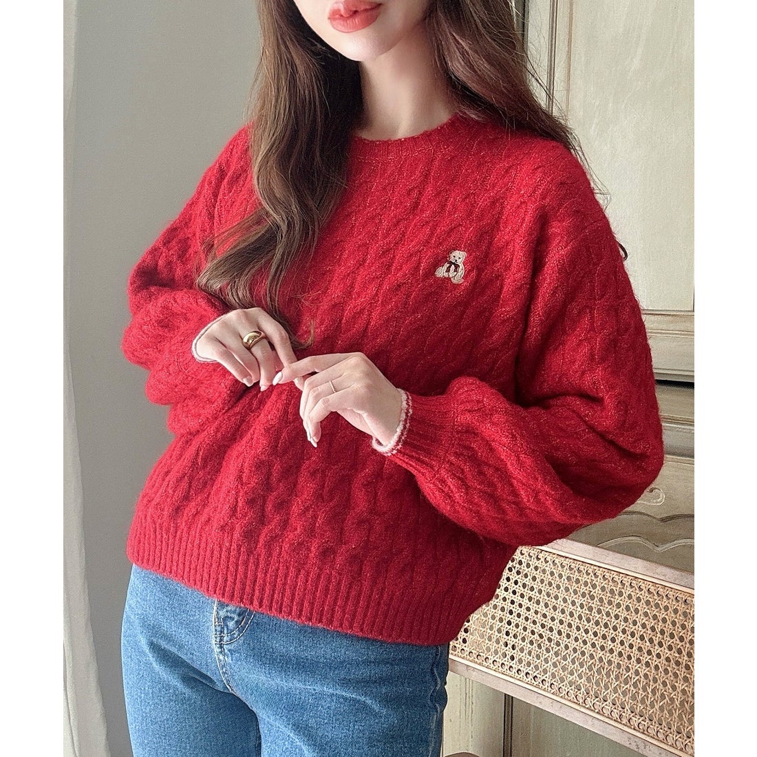 メイル Meiru Meiru【着丈が選べる】くま刺繍ケーブルニット （レッド