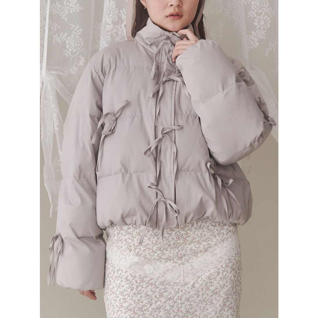 メリージェニー merry jenny ribbon paddedジャケット （ライトグレー