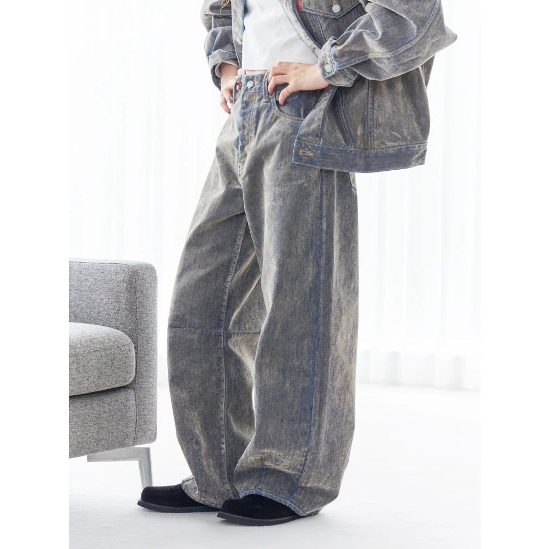 アングリッド Ungrid フロッキー起毛カーブデニム （ブラック） -靴