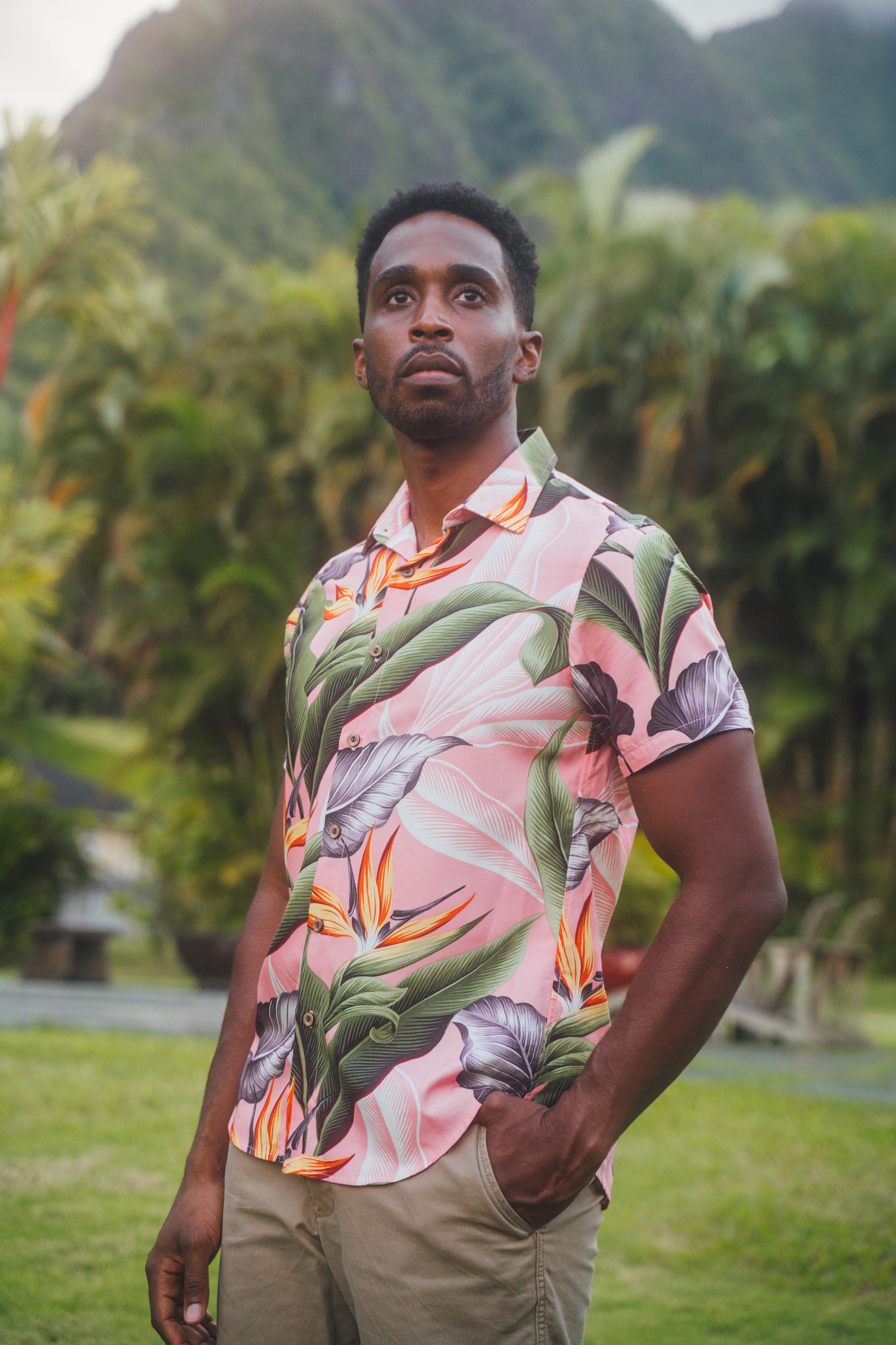 Cora Spearman Hawaii MENS Birds Of Paradise Mauve S/S 