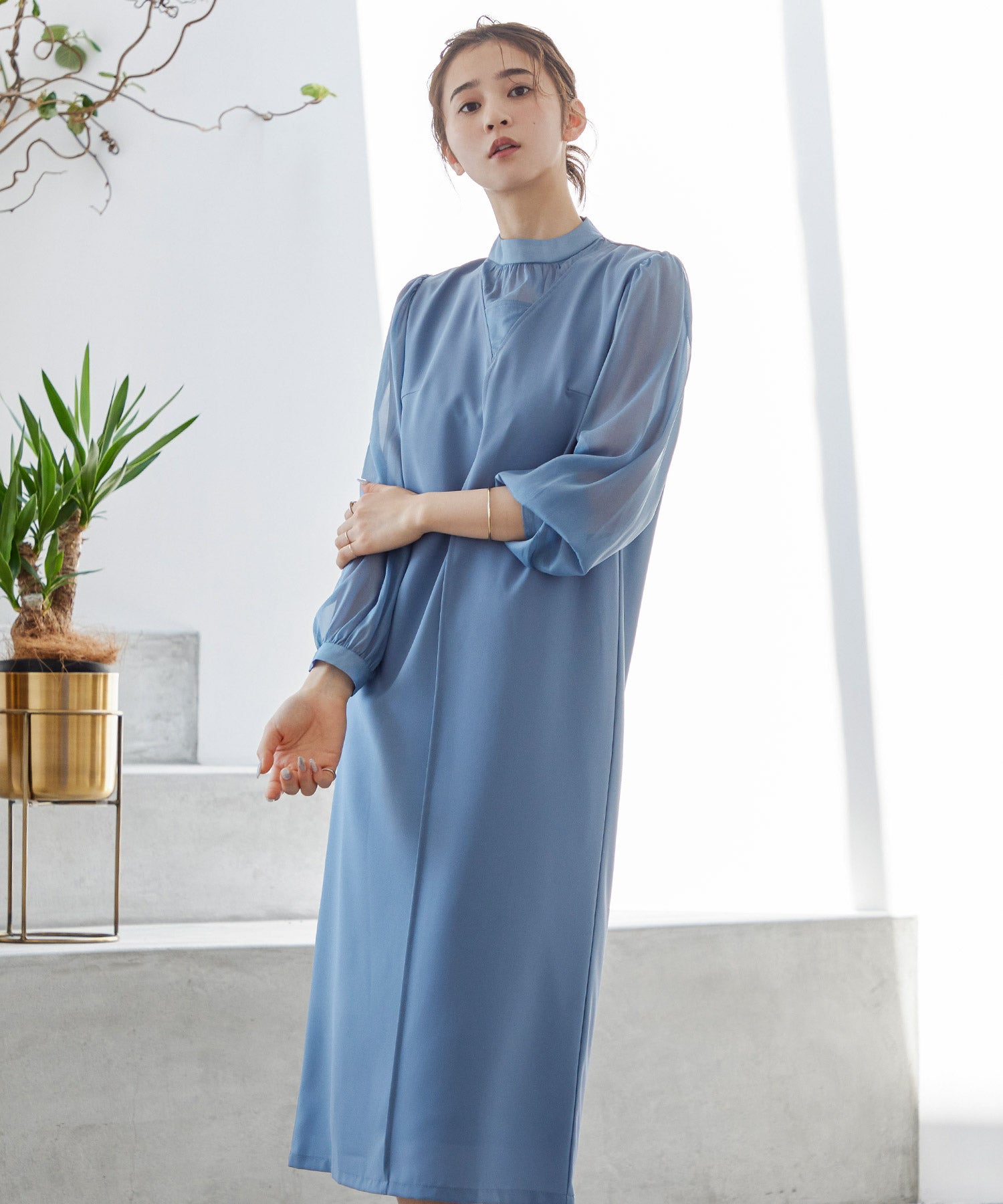 シアー切り替えIラインワンピースパーティードレス｜パーティードレス