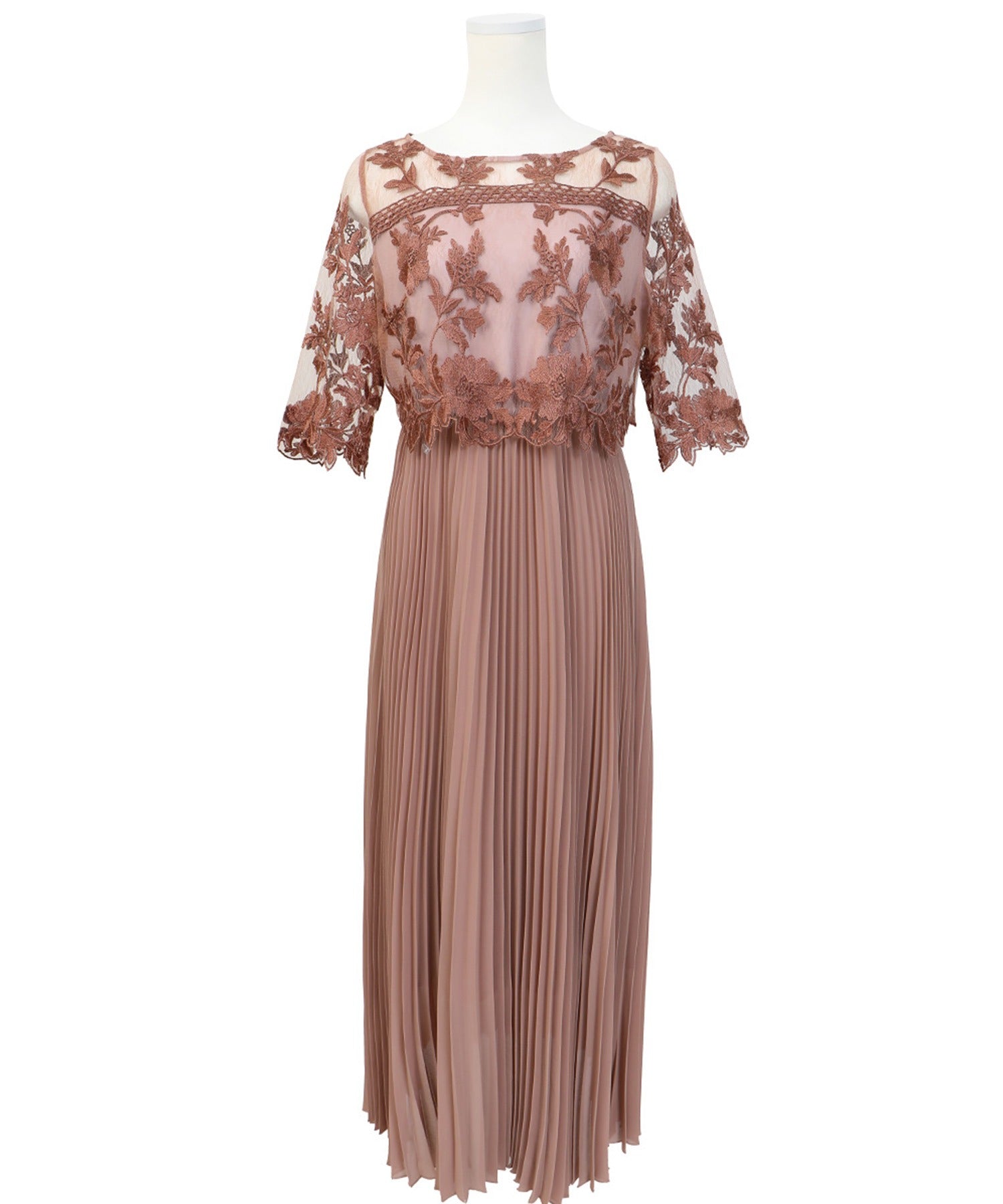 刺繍レース切り替えプリーツロング 結婚式ワンピース パーティードレス