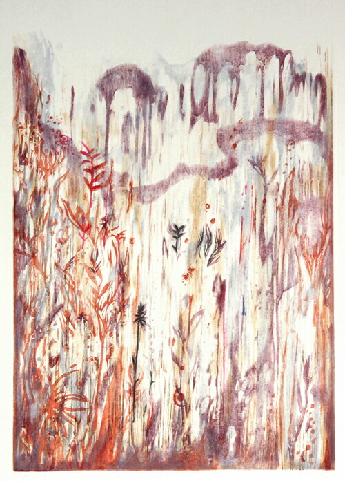 木村義治 作 「赤いけし」 直筆サイン入り 銀箔 木版画 1977年 古画