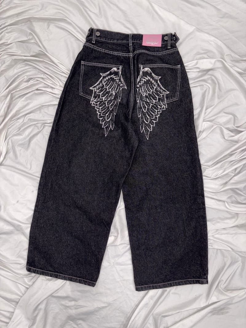 9090 girl Feather logo Studs Buggy Denim Pants