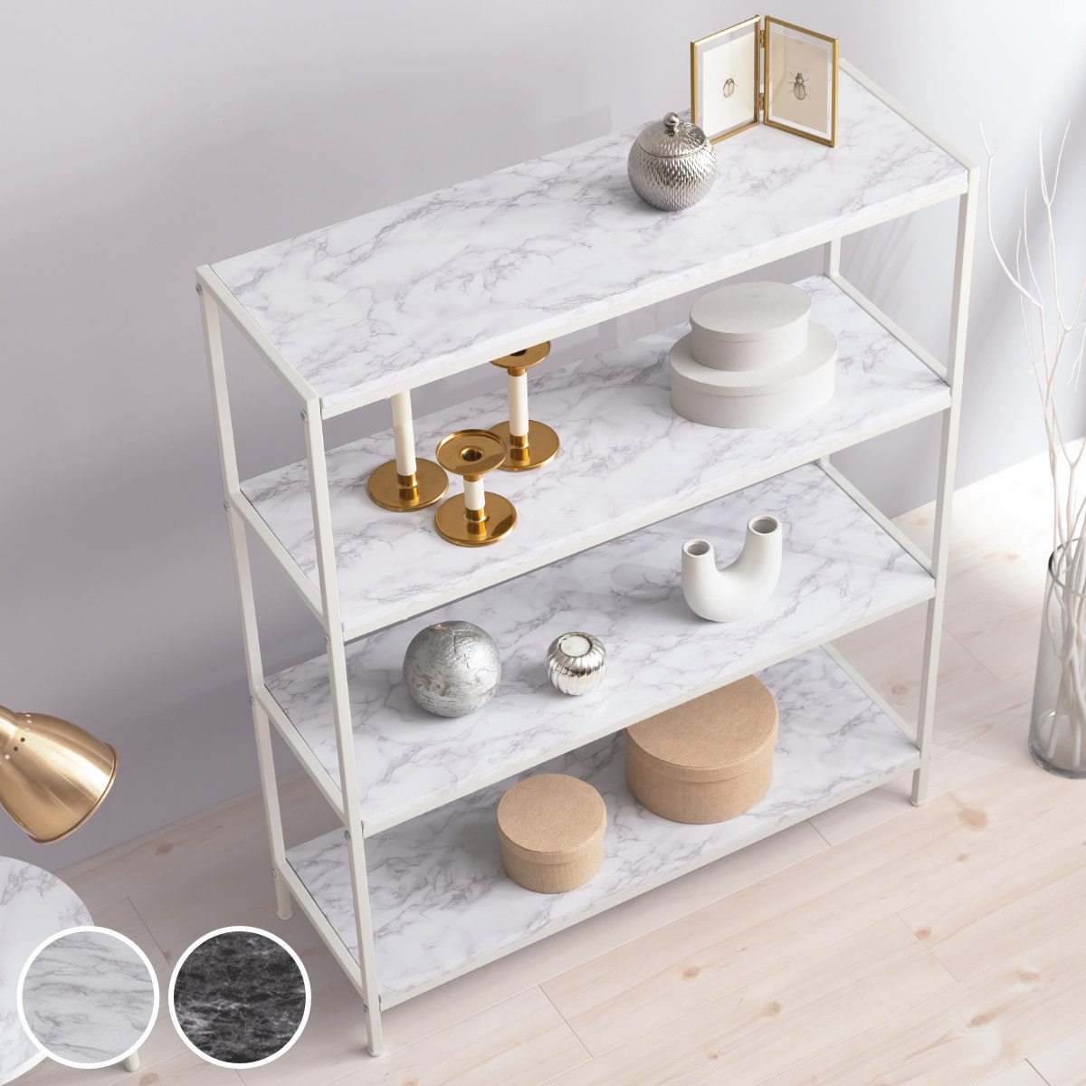 オープンラック 4段 大理石調天板 スチールフレーム 幅90cm（ シェルフ