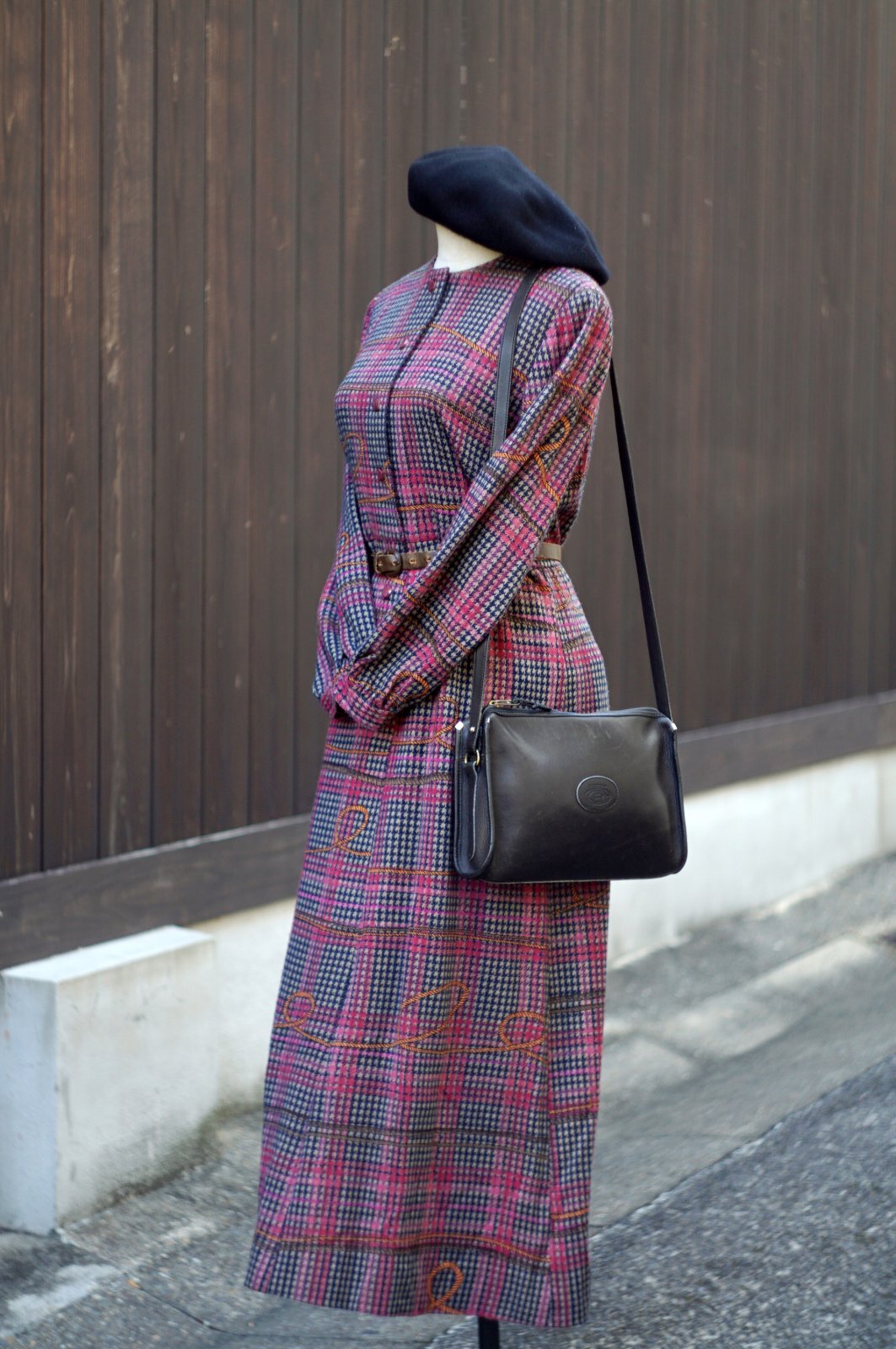 千鳥格子 ブラウン×ピンク系 長袖 レトロワンピース クルーネック