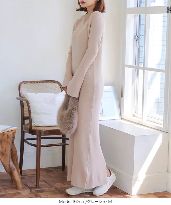 フレアスリーブハーフジップニットワンピース [E3406] | SALE