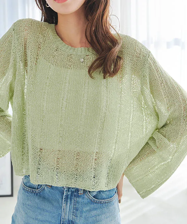 フレアスリーブ透かし編みニットトップス [C7037] - レディース