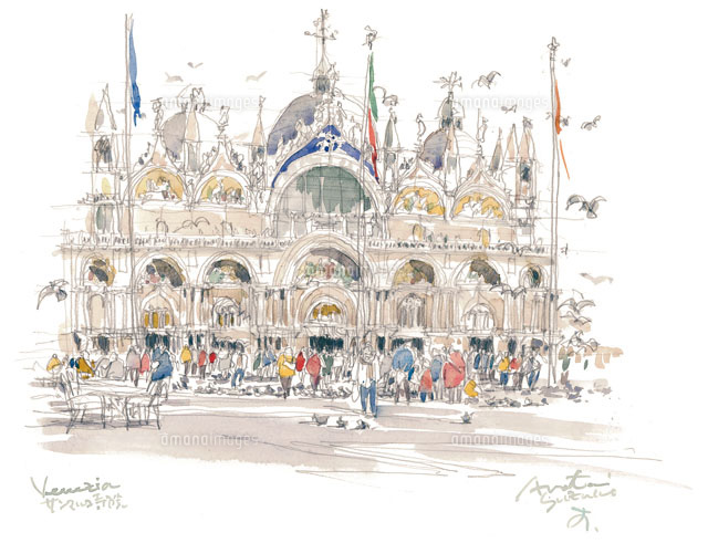 人でにぎわうサン・マルコ寺院[02398000035]の写真・イラスト素材