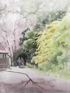 透明水彩画原画桜と山吹の散歩道 - メルカリ