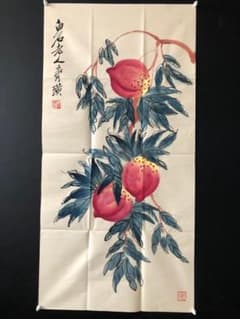 中国古美術・桃図三尺画芯・斉白石印款・水墨彩色画・純手描き・文房