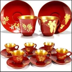 漆器 赤金 花柄 カップとソーサー 6客セット - メルカリ