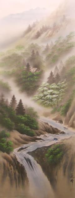 掛け軸 花峰 彩色山水 絹本 希少 軸装 茶道具 掛軸 美品 です。 - メルカリ