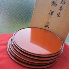 輪島塗 尺サイズ 瑞祥盆×5客 童唄蒔絵】布着本堅地 作家物 未使用/長期