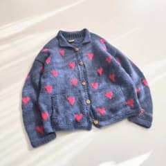 希少柄！エクアドル製 ハンドニット ハート柄 カーディガン ローゲージ