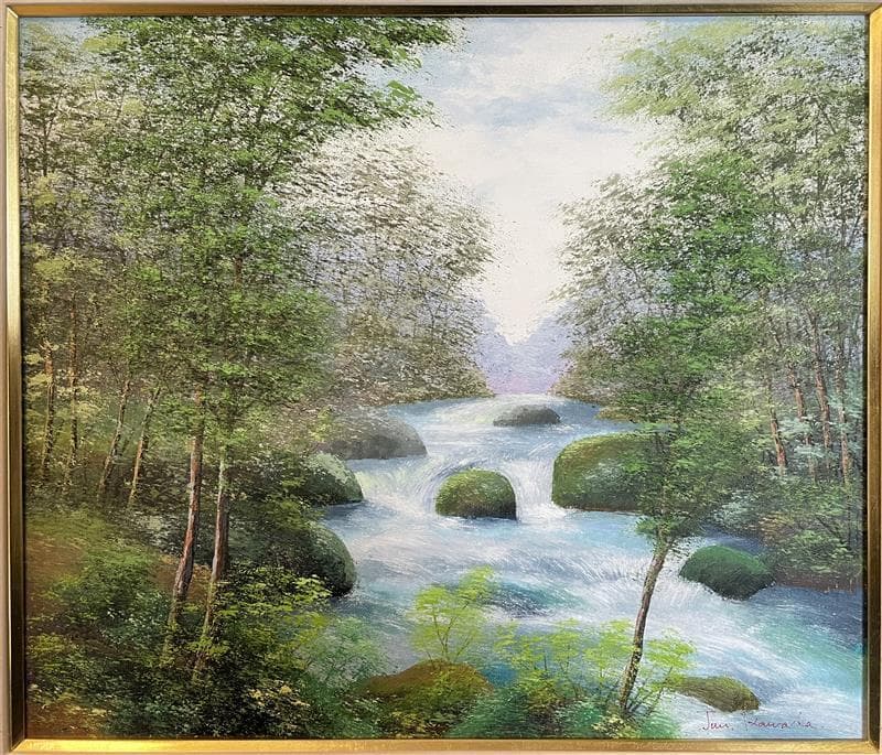 真作」川田順『渓流(奥入瀬)』風景画 油彩画 額装 サイン有り F10
