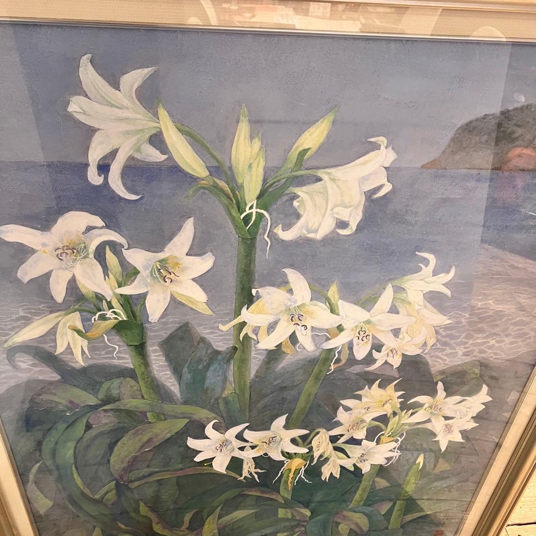 百合 ユリの花 水彩画 はまゆう シルバーフレーム 40号 壁掛け