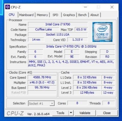 Intel Core i7-9700 3.00GHz CPU 8コア8スレッド