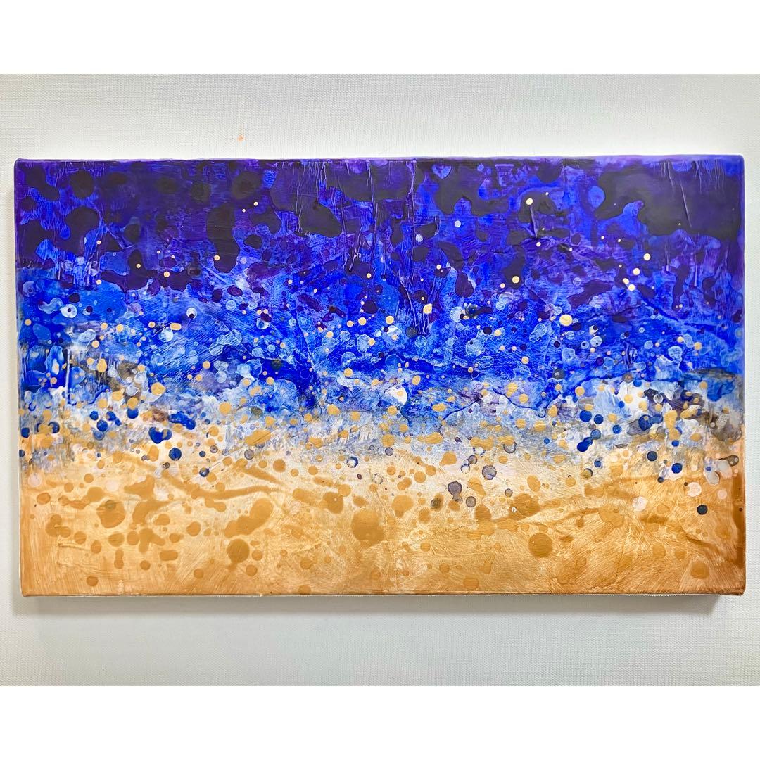 インテリアモダン抽象画＊現代アート 絵画　原画　ゴールド　青　大きめ Starlit Cascade /抽象画 (S4) /アート/インテリア/モダン/現代アート