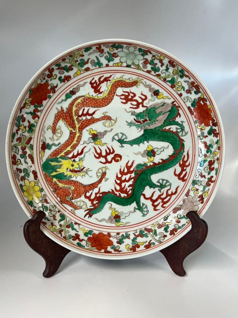 極上 古美術 五彩龍紋染付皿【大明萬歷製】在銘 西き