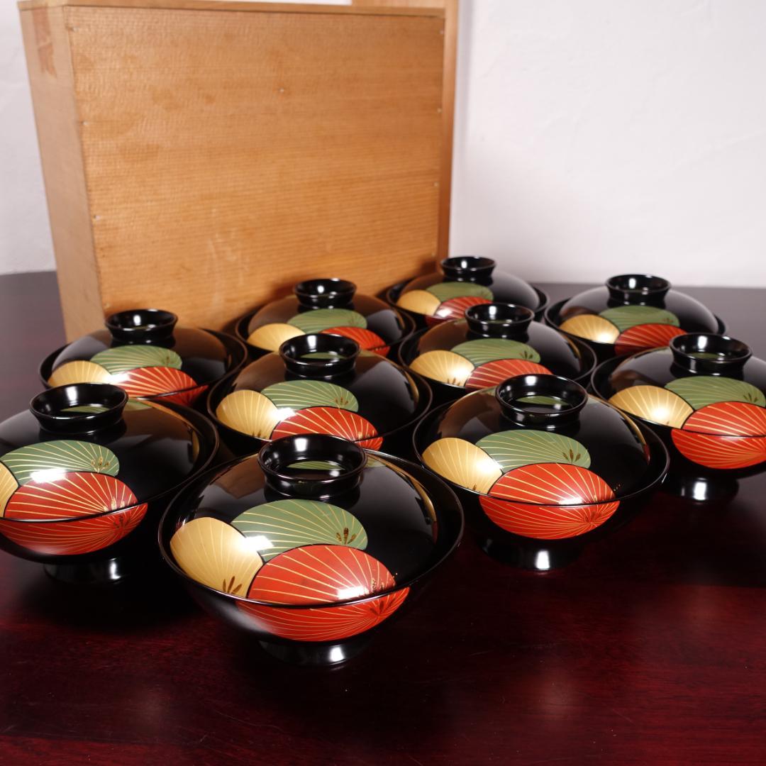 輪島塗】鉄仙蒔絵 吸物椀 黒塗 五客揃 天然木 共箱 輪島塗