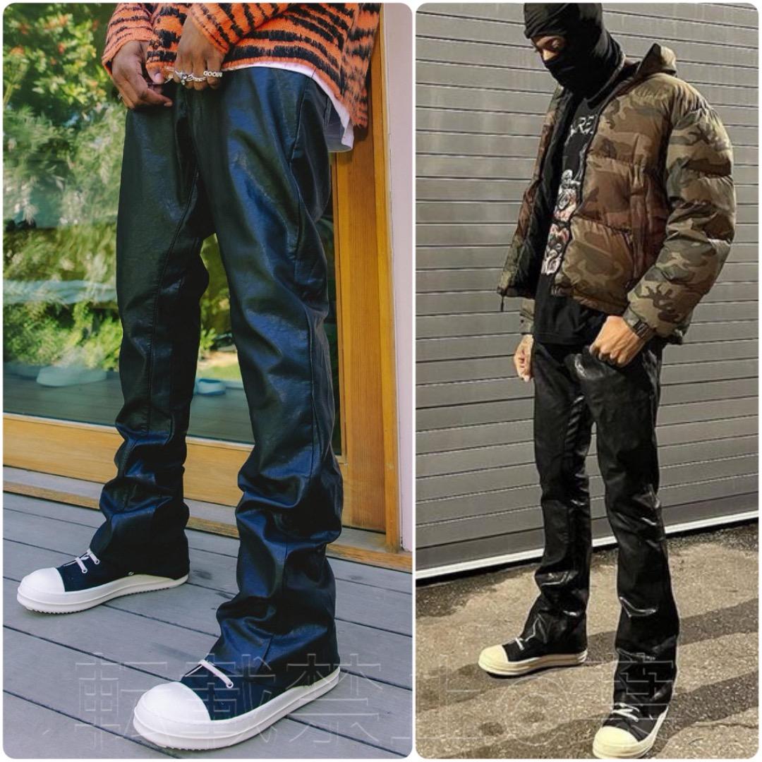 新品最安! 32 mnmlミニマル ブラックレザーフレアパンツ 黒 PUレザー