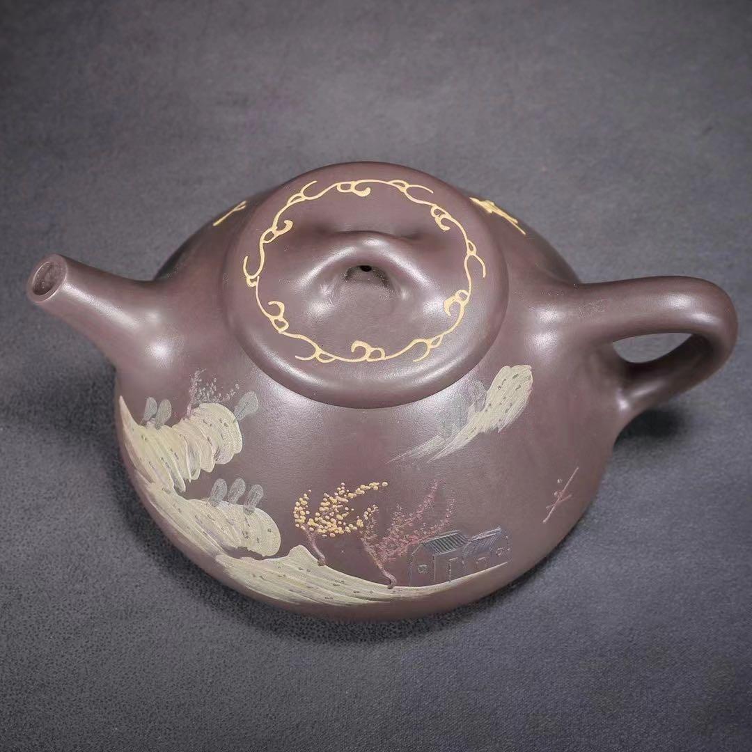 中国古美術・原鉱紫泥・山高水長紋紫砂壺・紫泥急須・