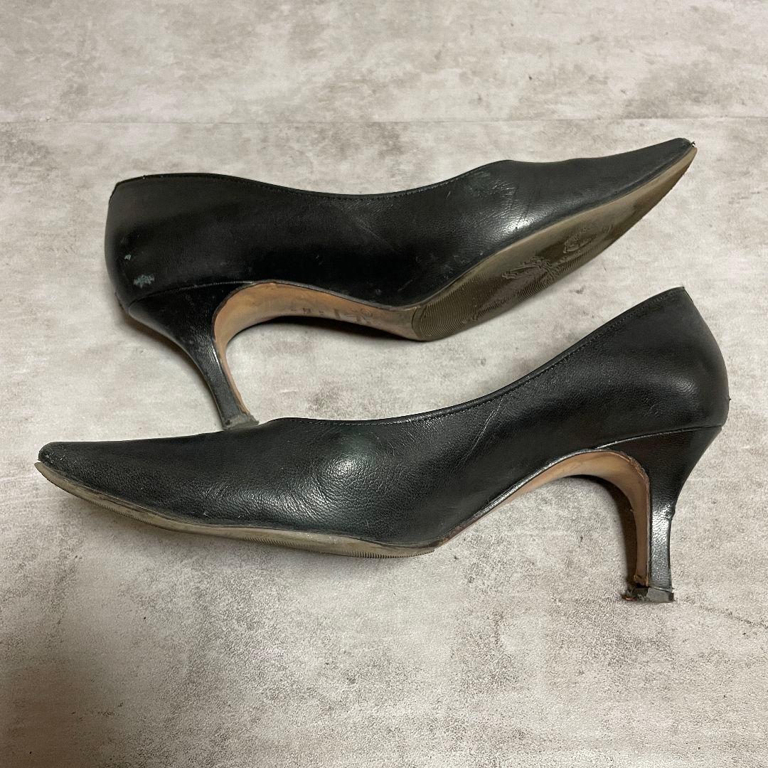 銀座かねまつ】（22.5E）ポインテッドトゥパンプス ブラック レザー