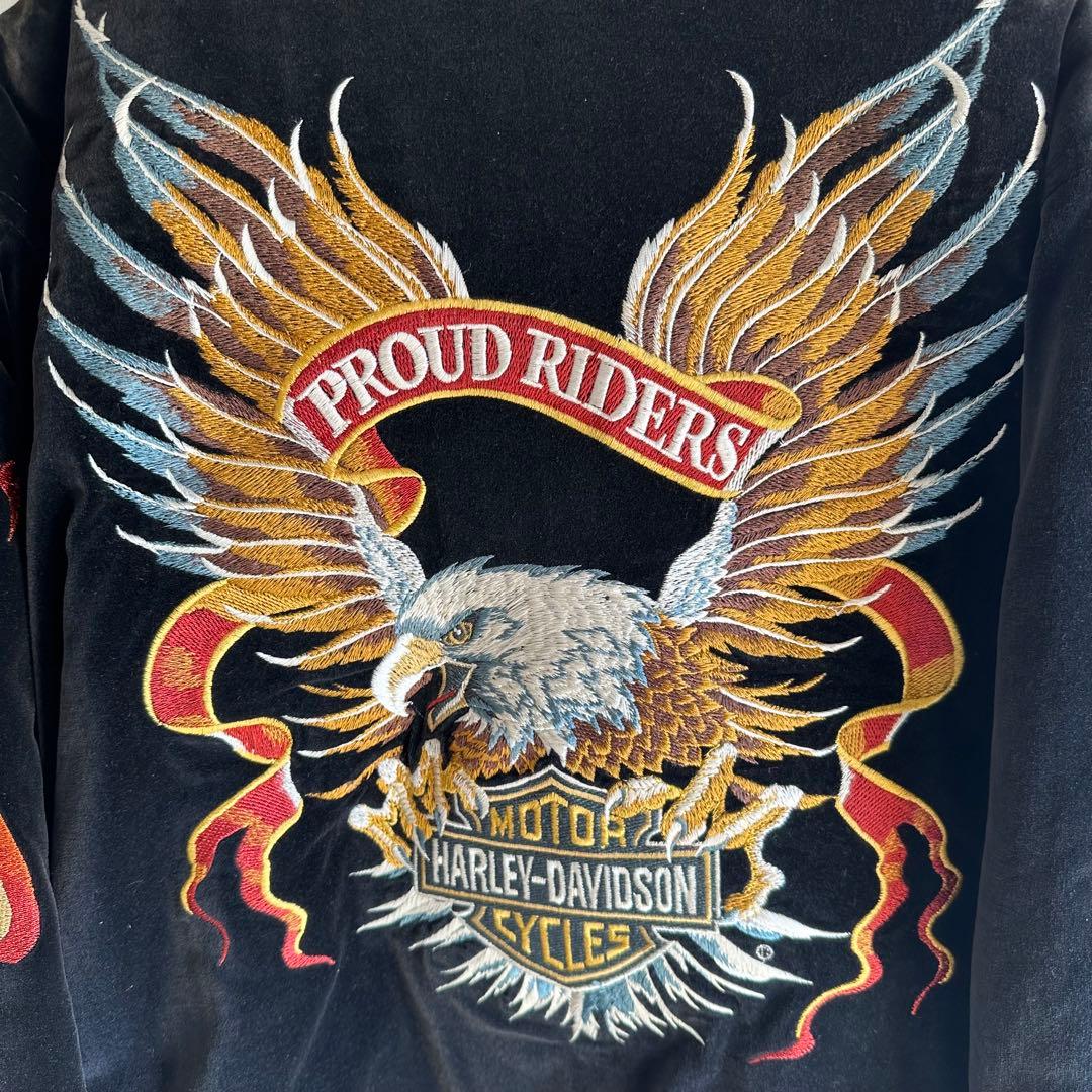 ハーレーダビッドソンスカジャン 別珍 ベロア 刺繍 イーグル 国旗 黒 L