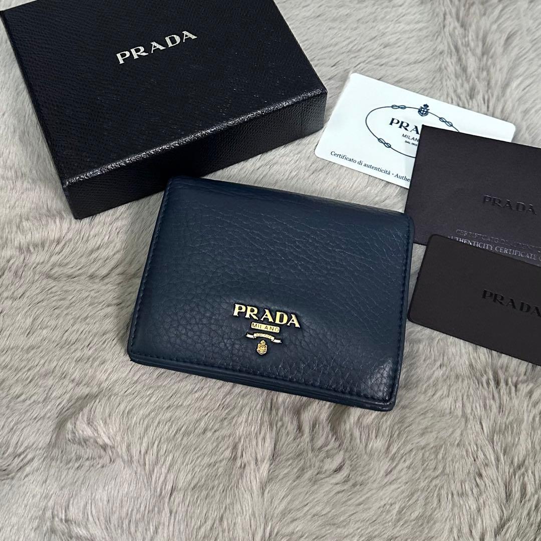 美品✨PRADA プラダ折り財布ラウンドファスナーブルーロゴ金具