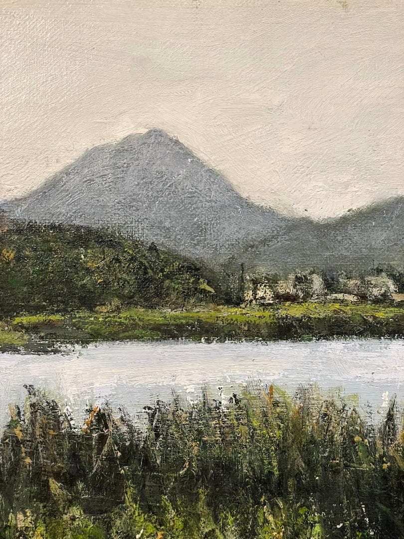 真作」真殿靖「水郷(安土八幡)」風景画 油彩画 額装 サイン有り P20号