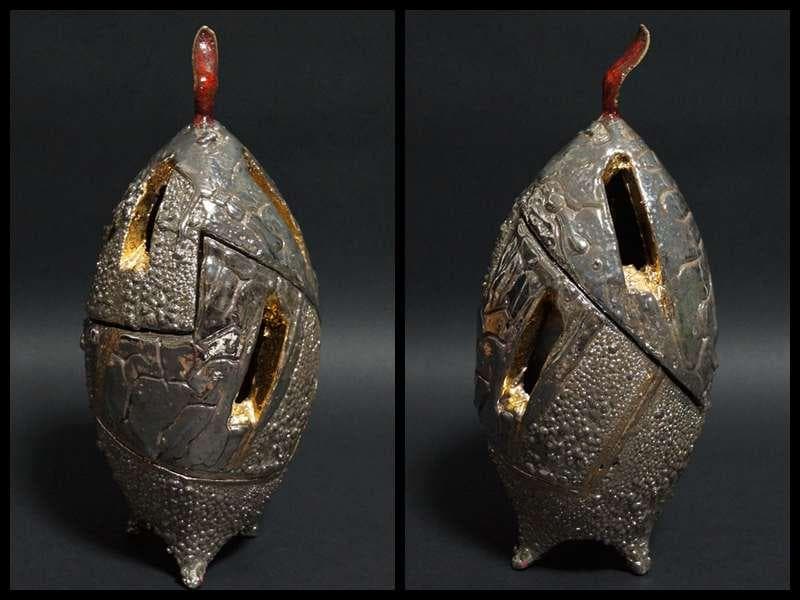 現代陶芸家 市川透造 造形香炉 金プラチナ使用 共箱 共布備前 (師/隠崎