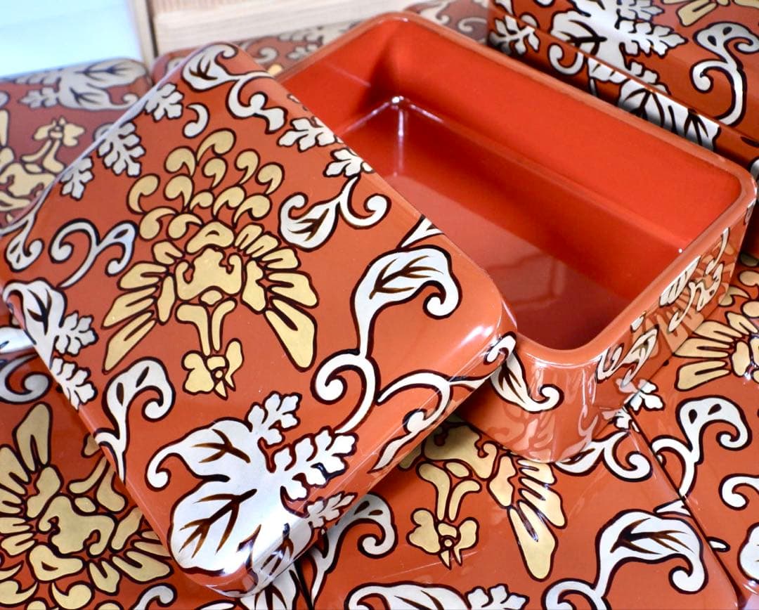 輪島塗 木製漆器 沈金 ちらし弁当、10客 高級美術