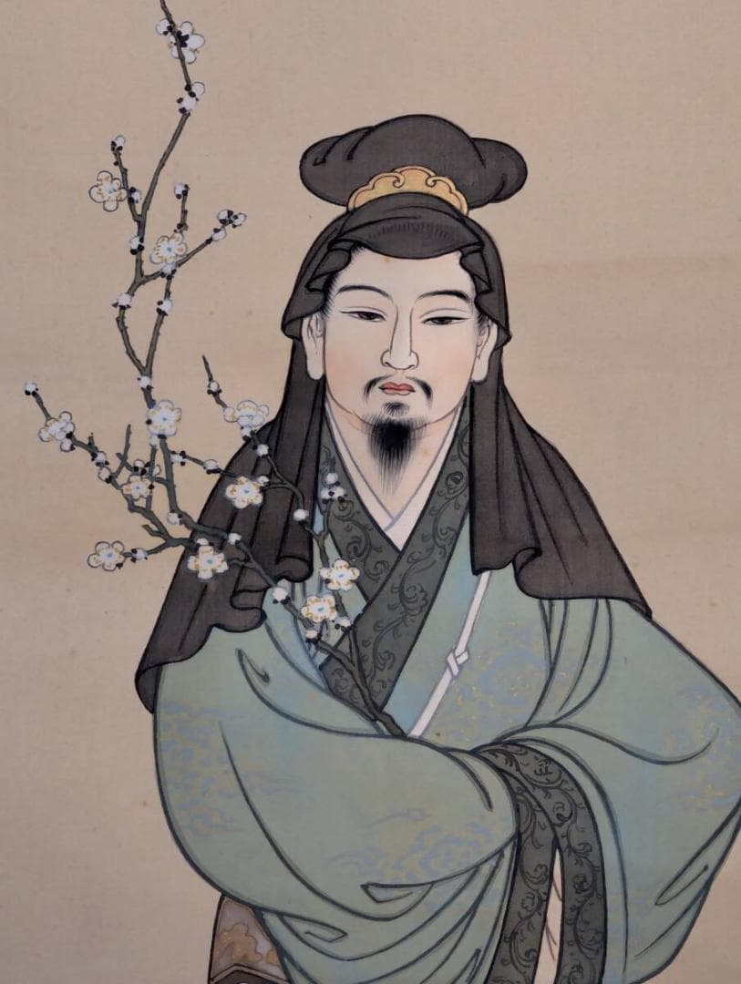 真作】掛軸 奥村恭法 渡唐天神之図 梅花人物像 彩色日本画 共箱入 U15