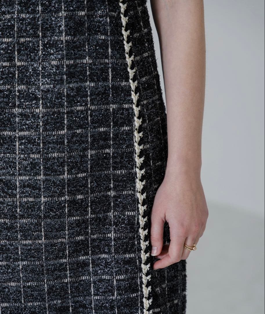 美品】Leja ツイード柄ハイウエストソフトパフスリーブ半袖ドレス