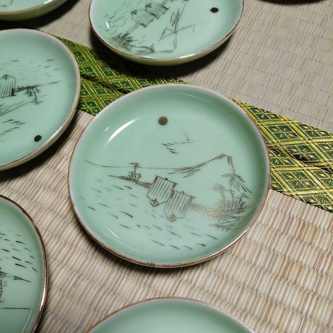 瀬戸焼　クロム青磁富士遠影小皿　17枚　10.7cm　大正期