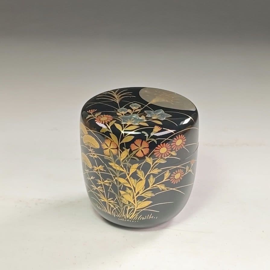 ウ258 棗『奥津一心斉作』『月に秋草鈴虫蒔絵 大棗 共箱』漆塗 茶道具