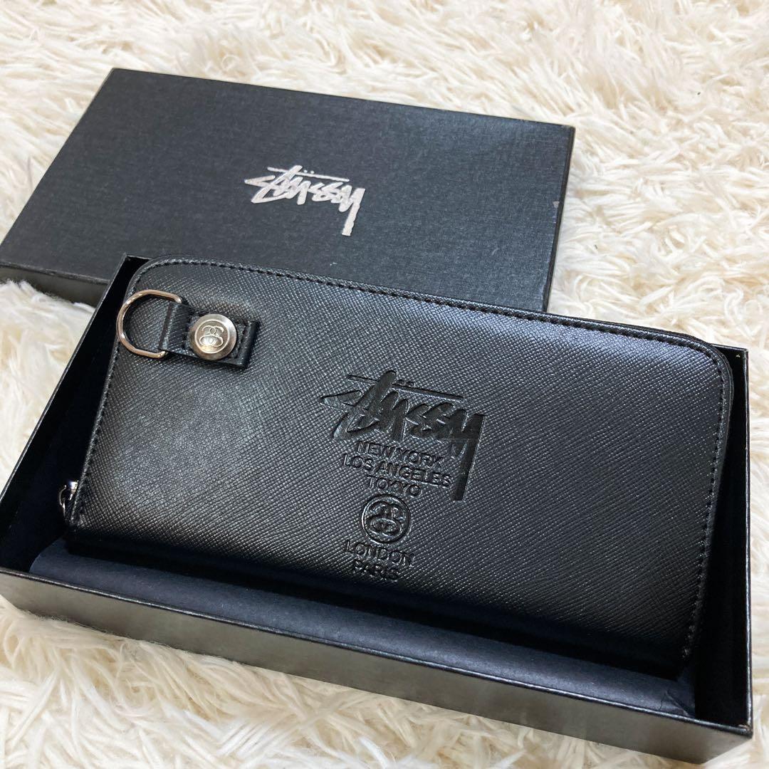 新品 Stussy 長財布 ラウンドジップ ブラック ロゴ チェーンフォルダー