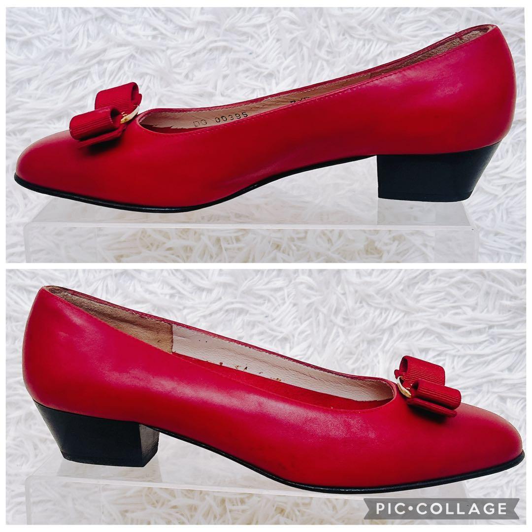 フェラガモ　パンプス　ヴァラ　リボン　ゴールド金具　赤　7.5C 24.5